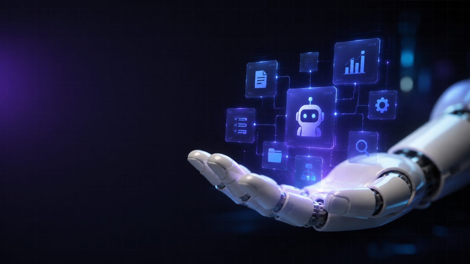AI assistant surrounded by app tiles — documents, charts, search and automation — held in a robotic hand