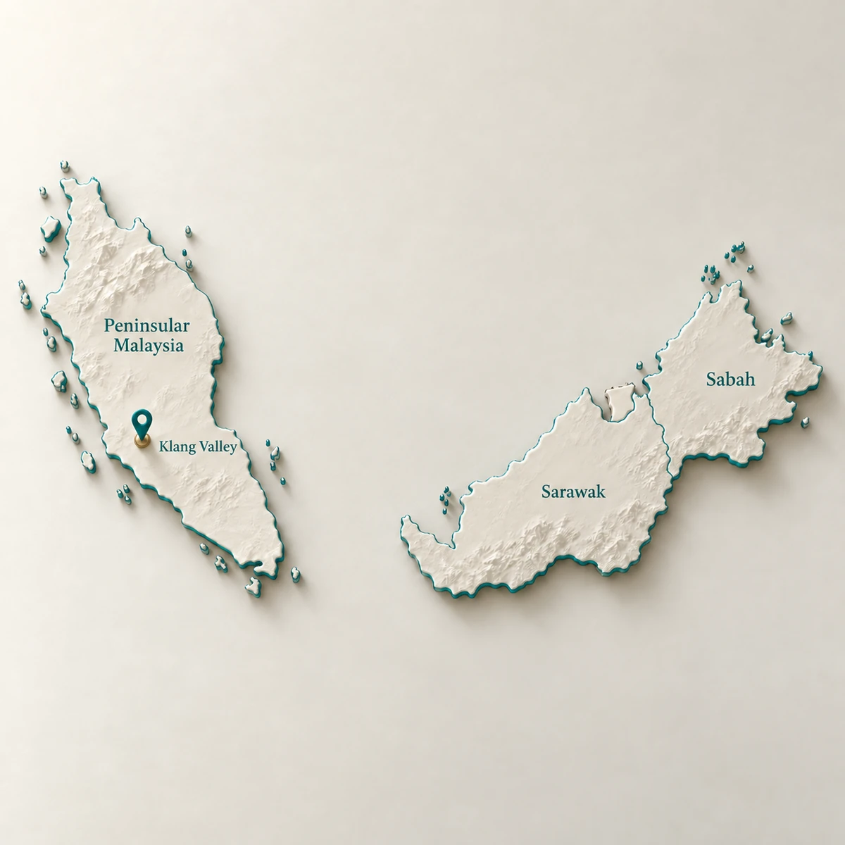 Illustrated Malaysia coverage map: Peninsular Malaysia, Sarawak and Sabah, with Klang Valley marked as our base