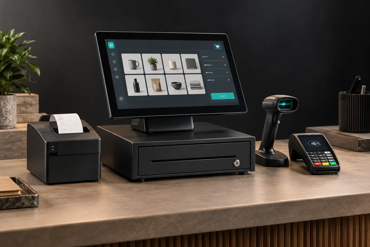 Illustrated checkout with a touchscreen, receipt printer, scanner and payment terminal