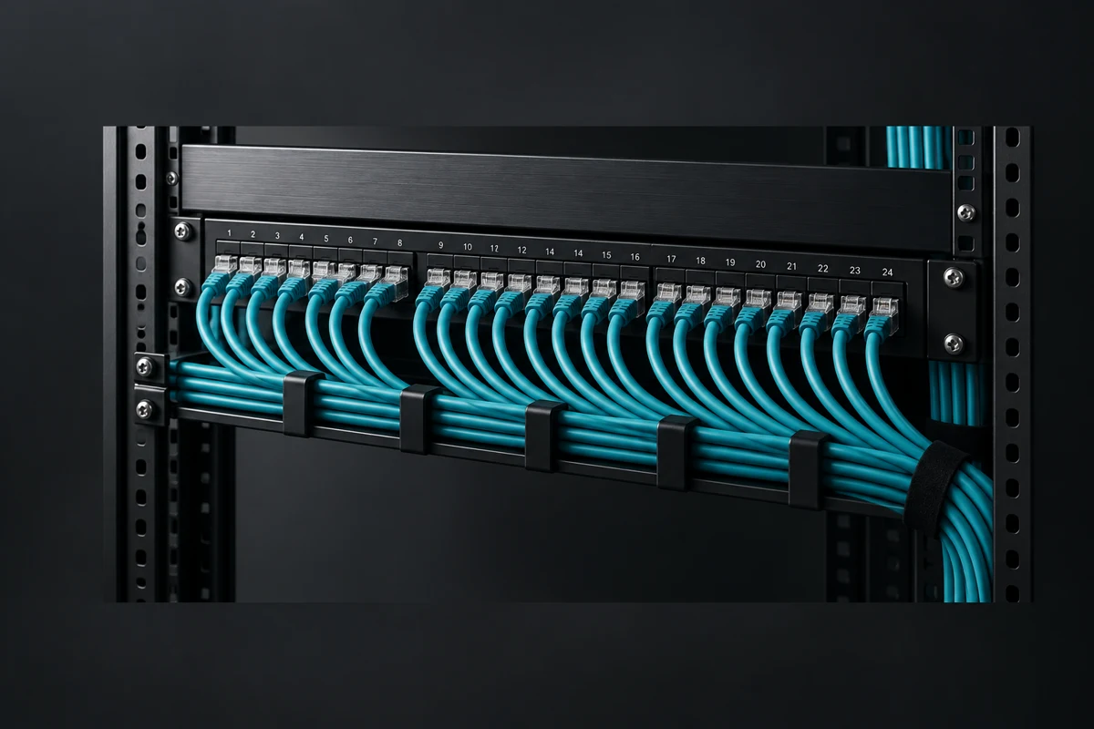 Illustration of organised network cables and a patch panel