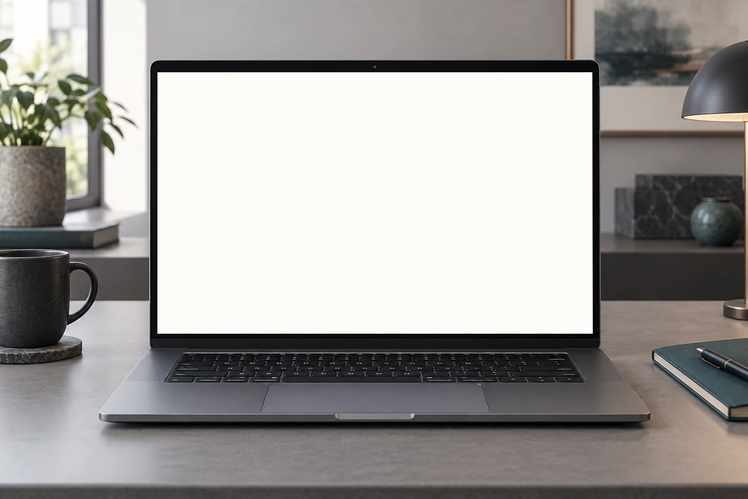 A laptop in a contemporary office