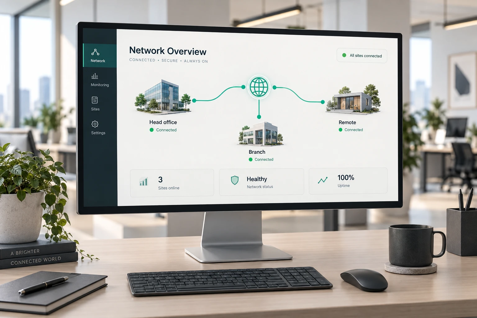 Network dashboard showing head office, branch and remote staff connected.