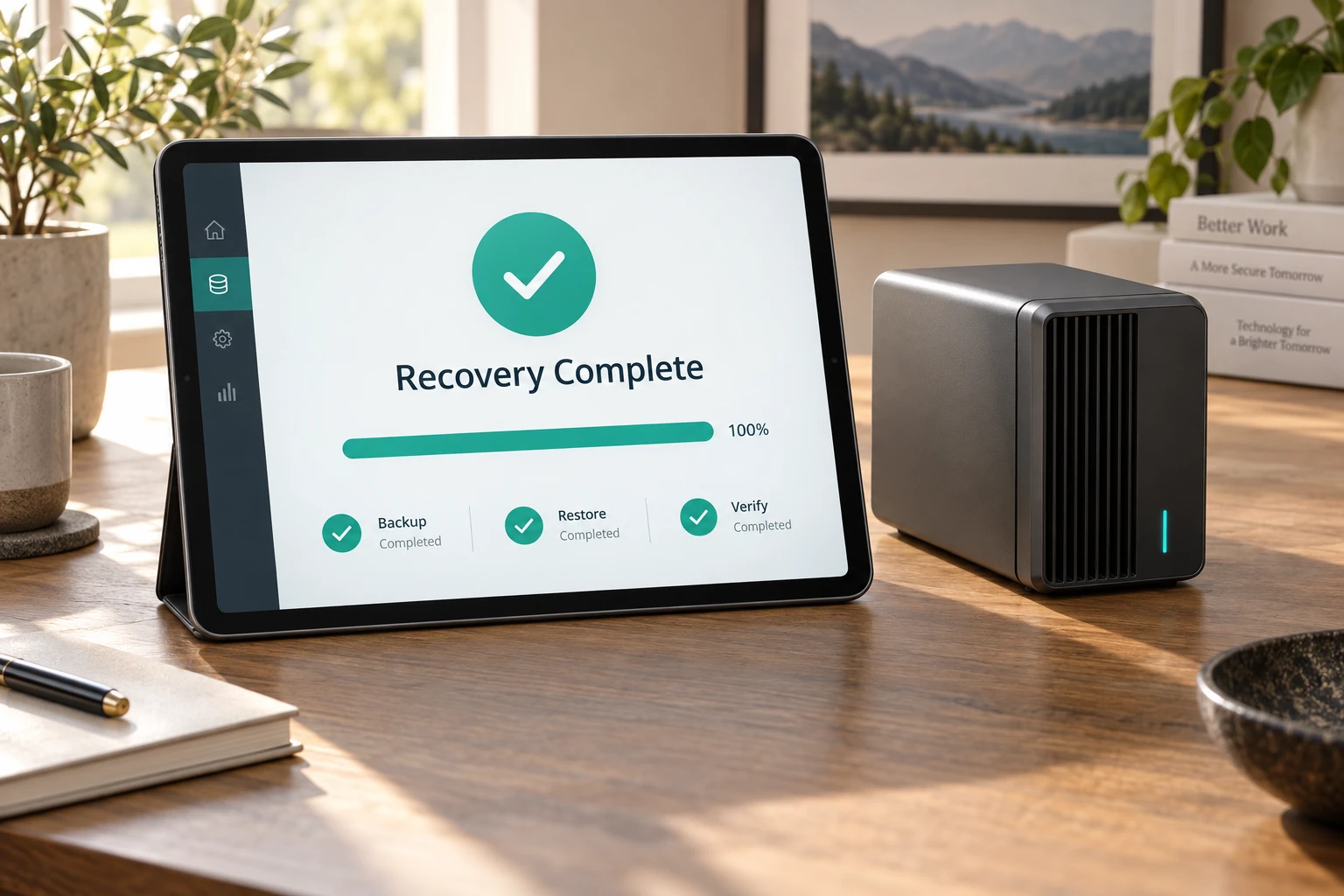Recovery console showing backup, restore and verification completed.