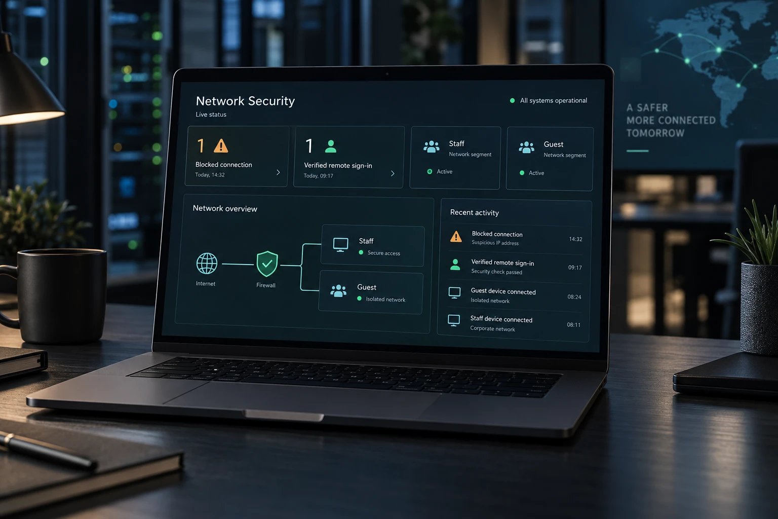 Security dashboard showing a blocked connection, verified remote sign-in and separate staff and guest networks.
