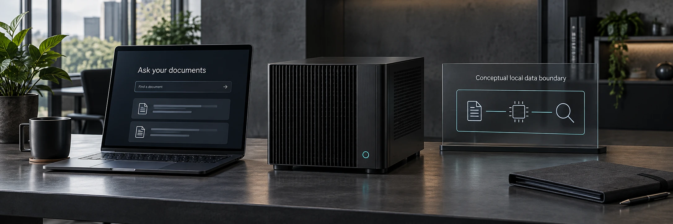 Private AI appliance beside a laptop for searching your own documents
