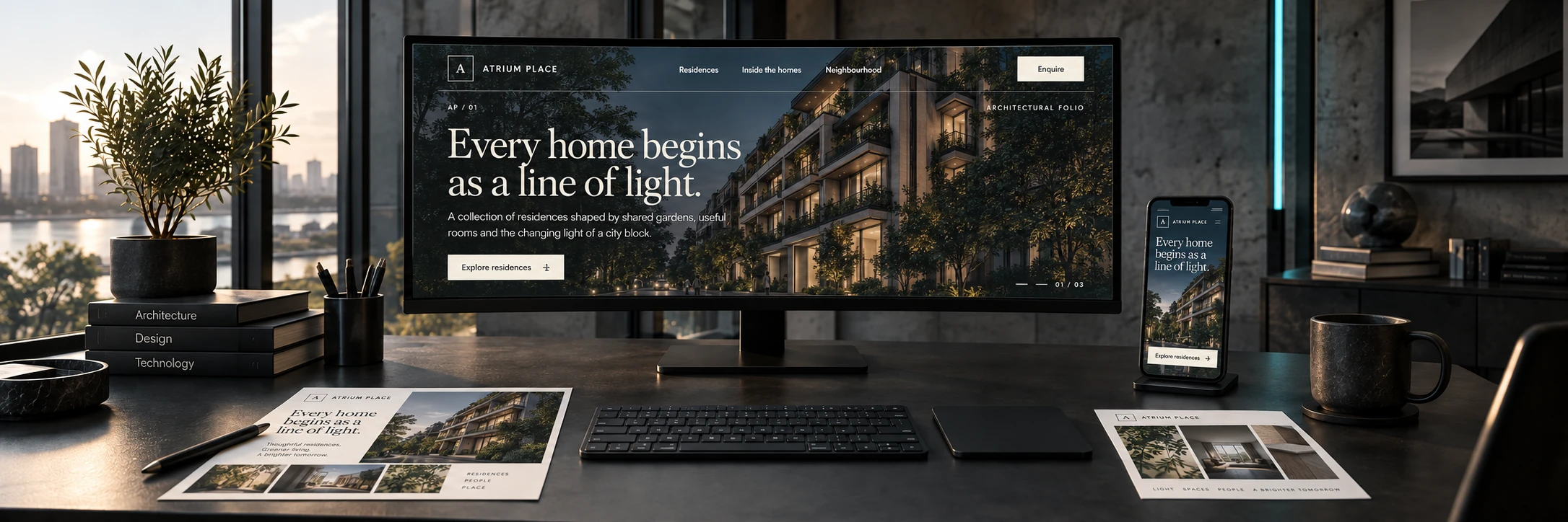 Atrium Place website design on a desktop monitor and phone, with matching printed design presentations