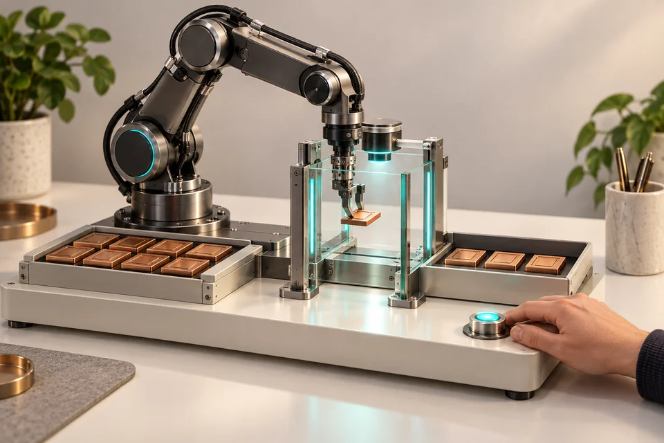 A robotic arm carries a copper task through an inspection station while a human hand controls the next step.