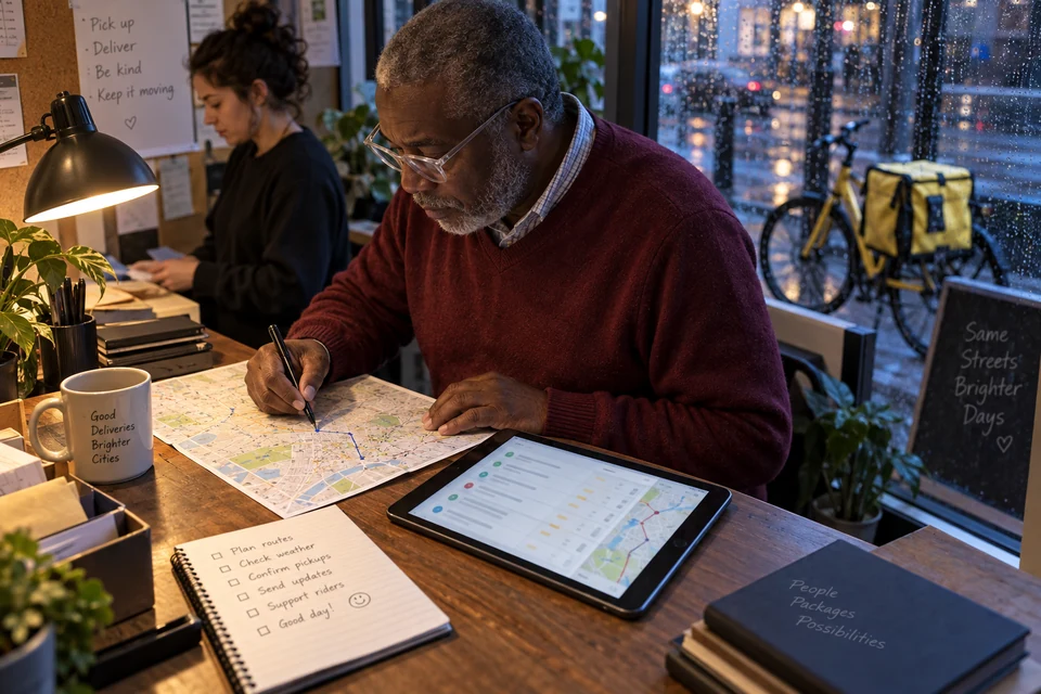 A courier dispatcher reviews a delivery plan on a tablet and checks the route on a street map.