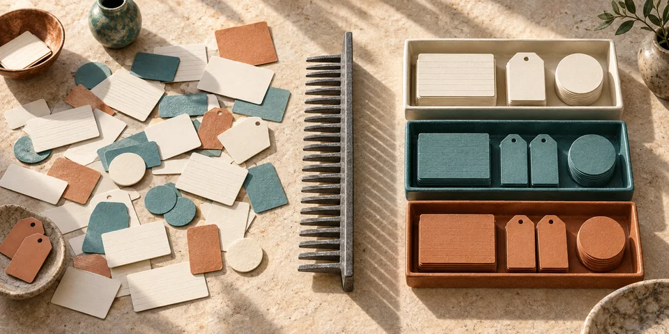 Scattered records and material shapes are organised into neat compartments through a precision divider.