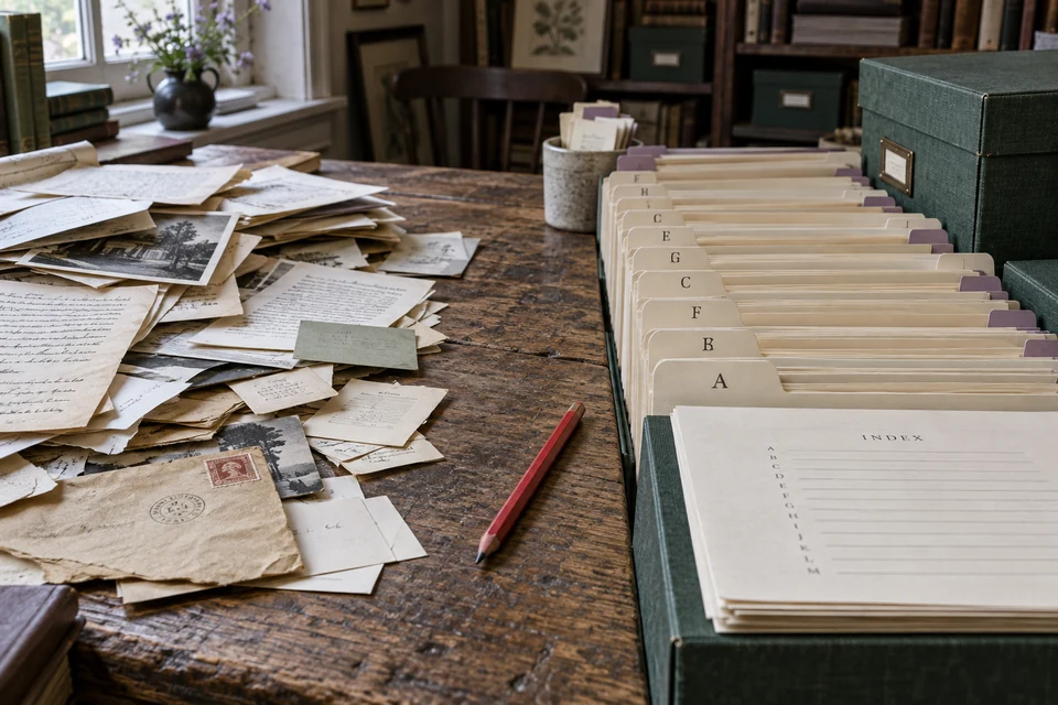 Loose manuscripts and correspondence sit beside indexed folders in a publishing archive.