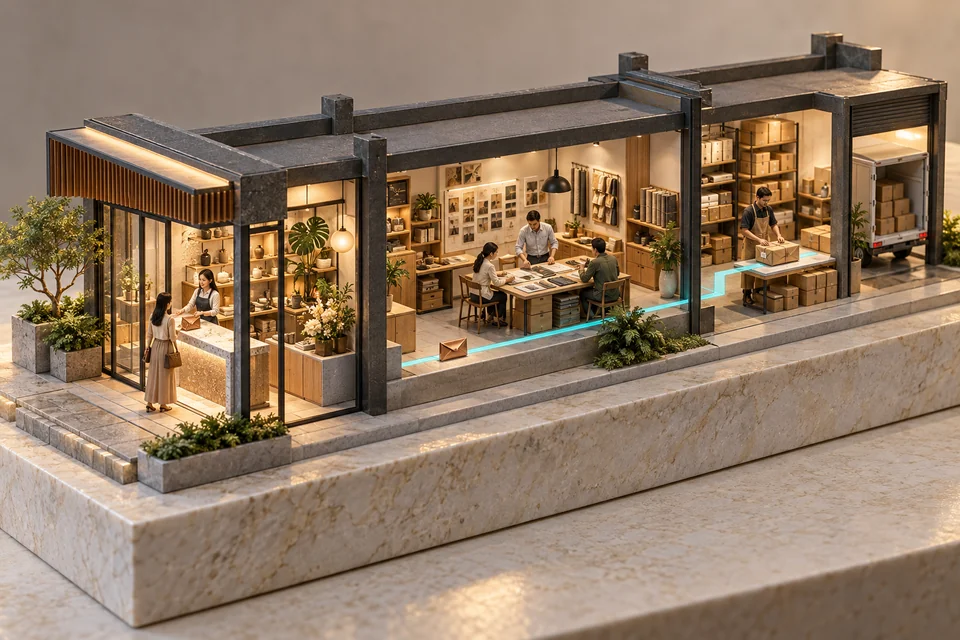 A cutaway model connects a shopfront, planning team and dispatch area around one copper enquiry envelope.
