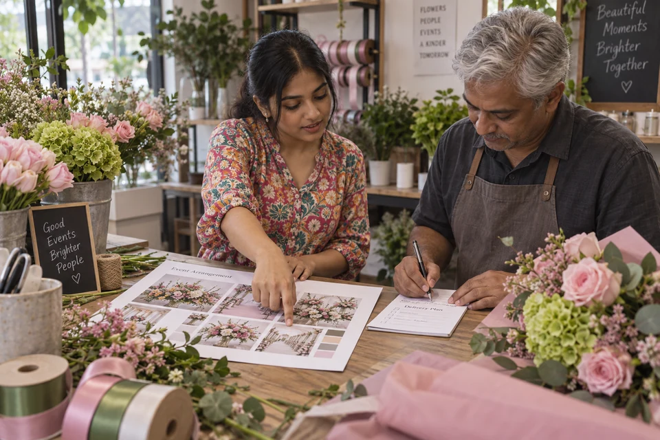 Two florists turn a customer brief into a plan for an event delivery.