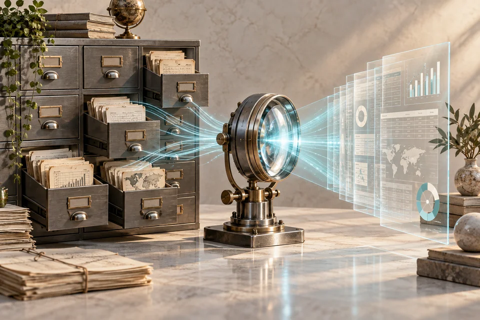 An optical lens connects old filing drawers and ledgers with clear business information panels.