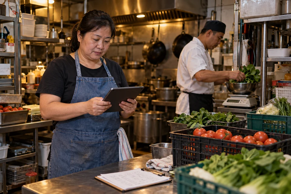 A restaurant owner checks stock information on a tablet while a cook prepares ingredients.