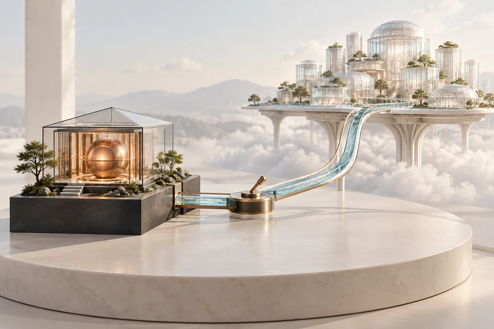 A private glass pavilion with a copper core sits beside a cloud-like elevated collection of glass buildings.