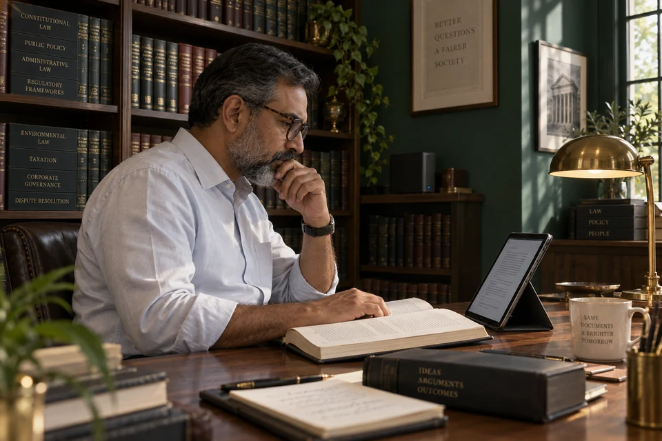 A researcher compares a reference book with information on a tablet in a quiet legal library.