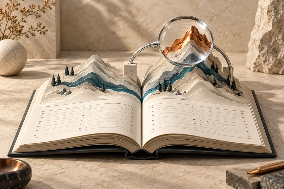Two sculptural paper sales landscapes emerge from a ledger, with a magnifying glass over the higher copper ridge.