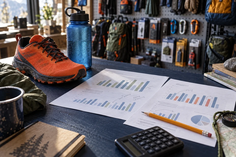 Outdoor retail products sit beside printed sales comparisons on a pale blue desk.