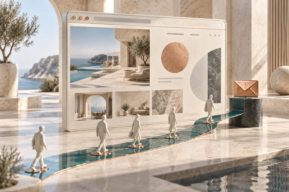 A sculptural website leads small visitor figures along a teal path towards an enquiry envelope.