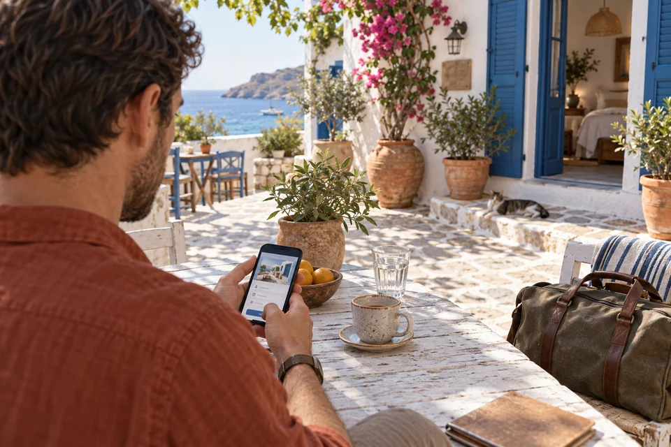 A traveller uses a guesthouse website on his phone in a sunny coastal courtyard.