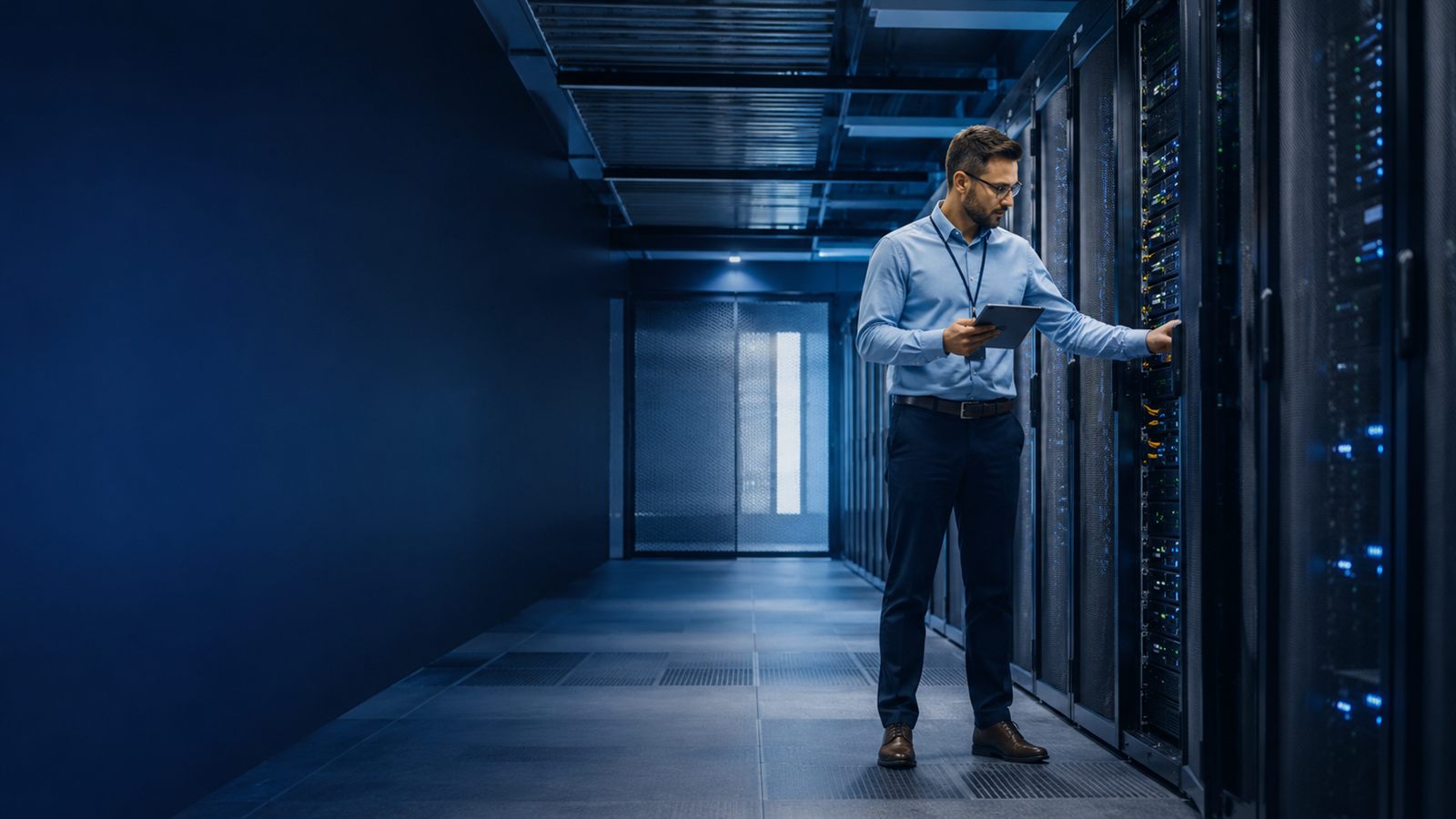 NexLink engineer checking an enterprise server rack with a tablet