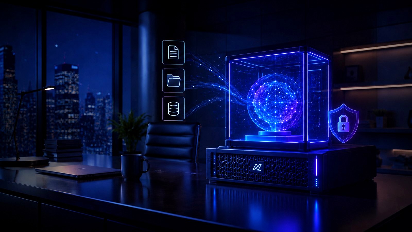 A private NexLink AI appliance on an office desk, projecting a secured, locked AI fed by the client's own documents and data