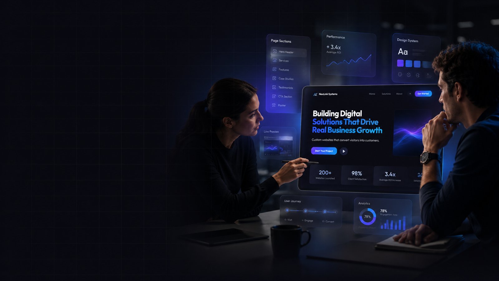 Designer and client reviewing a website design with live page sections, design system and analytics